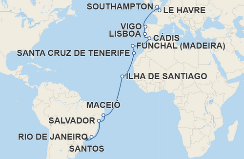 Rio de Janeiro, Salvador, Maceió, Ilha de Santiago, Santa Cruz de Tenerife, Funchal, Cádis, Lisboa, Vigo, Le Havre
