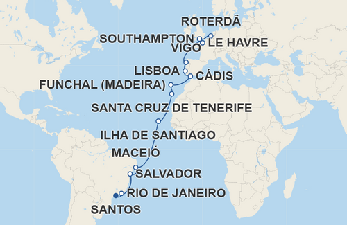 Rio de Janeiro, Salvador, Maceió, Ilha de Santiago, Santa Cruz de Tenerife, Funchal, Cádis, Lisboa, Vigo, Le Havre, Southampton
