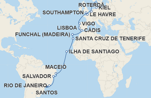 Rio de Janeiro, Salvador, Maceió, Ilha de Santiago, Santa Cruz de Tenerife, Funchal, Cádis, Lisboa, Vigo, Le Havre, Southampton, Roterdã 