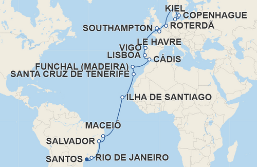 Rio de Janeiro, Salvador, Maceió, Ilha de Santiago, Santa Cruz de Tenerife, Funchal, Cádis, Lisboa, Vigo, Le Havre, Southampton, Roterdã , Kiel
