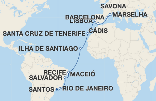 Rio de Janeiro, Salvador, Maceió, Recife, Ilha de Santiago, Santa Cruz de Tenerife, Lisboa, Cádis, Barcelona, Marselha