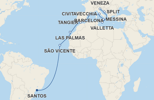 São Vicente, Las Palmas de Gran Canaria, Tangier, Barcelona, Civitavecchia, Messina, Valletta, Split