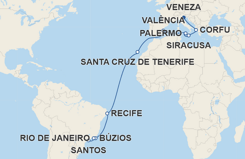 Corfu, Siracusa, Palermo, Valência, Santa Cruz de Tenerife, Recife, Búzios, Rio de Janeiro