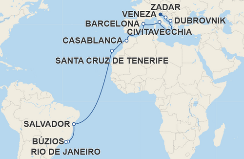 Zadar, Dubrovnik, Civitavecchia, Barcelona, Casablanca, Santa Cruz de Tenerife, Salvador, Búzios
