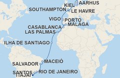 Rota Santos, Rio de Janeiro, Salvador, Maceió, Ilha de Santiago, Las Palmas de Gran Canaria, Casablanca, Málaga, Porto, Vigo, Le Havre, Southampton, Aarhus